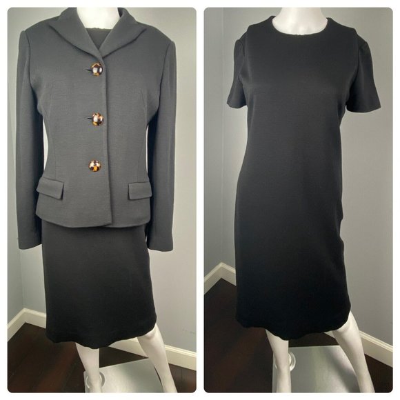 Womens 1980s Vintage Rickie Freeman Teri Jon Dress Wool Suit Black 2 Piece Set‎